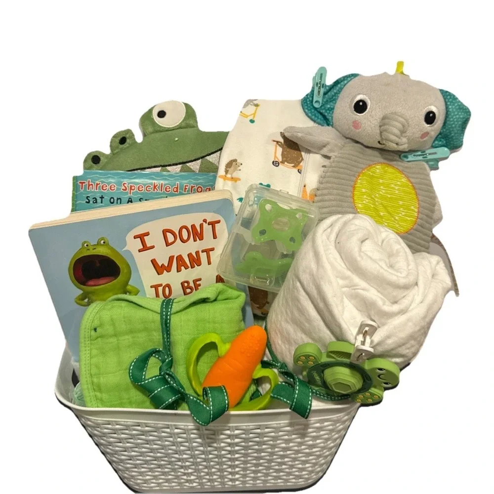 Unisex Baby Shower Gift, Frog Infant Present, Outfit, Book, Toys, Blanket & More